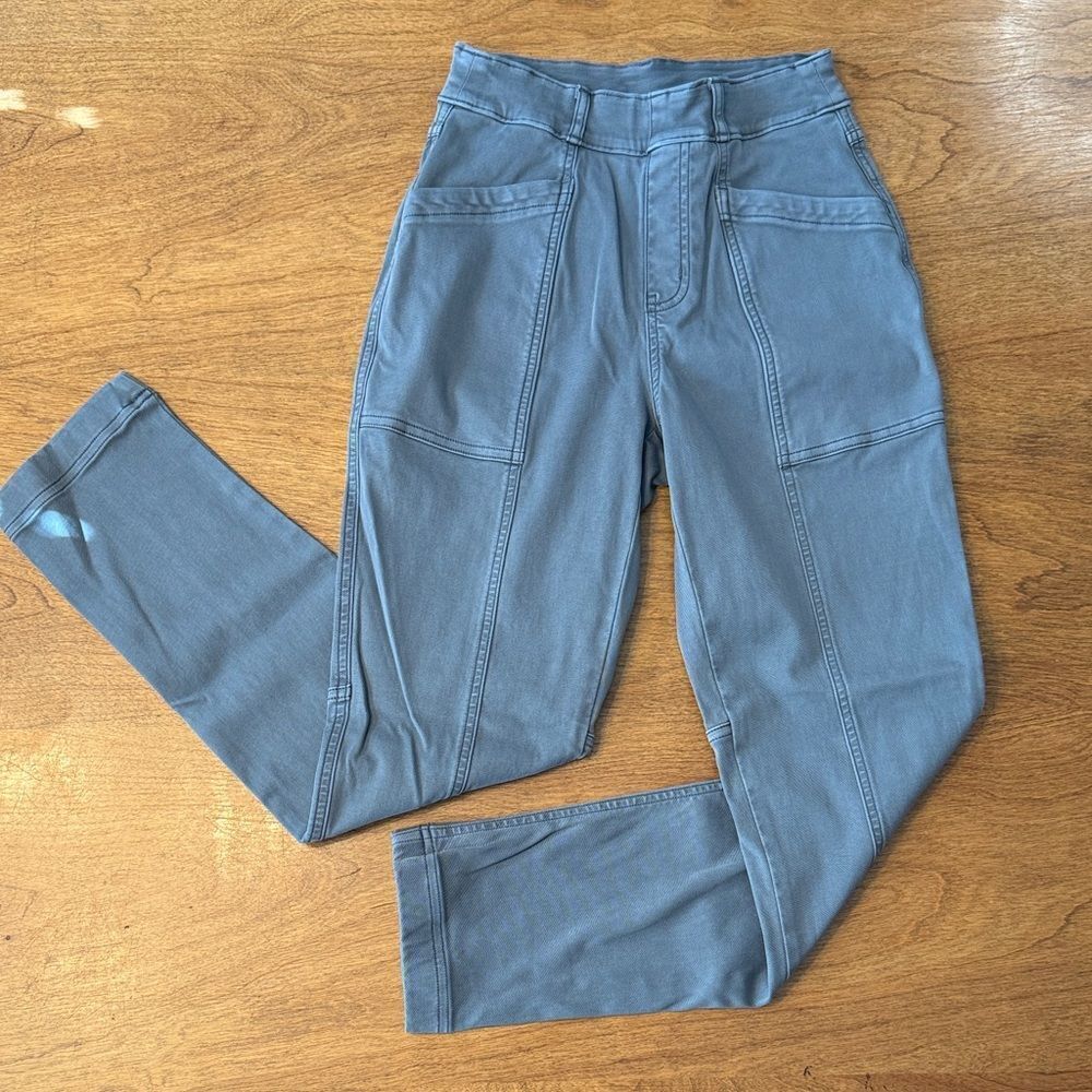 Spanx Stretch Twill Straight Leg Jeans in Hazy Green Grey.